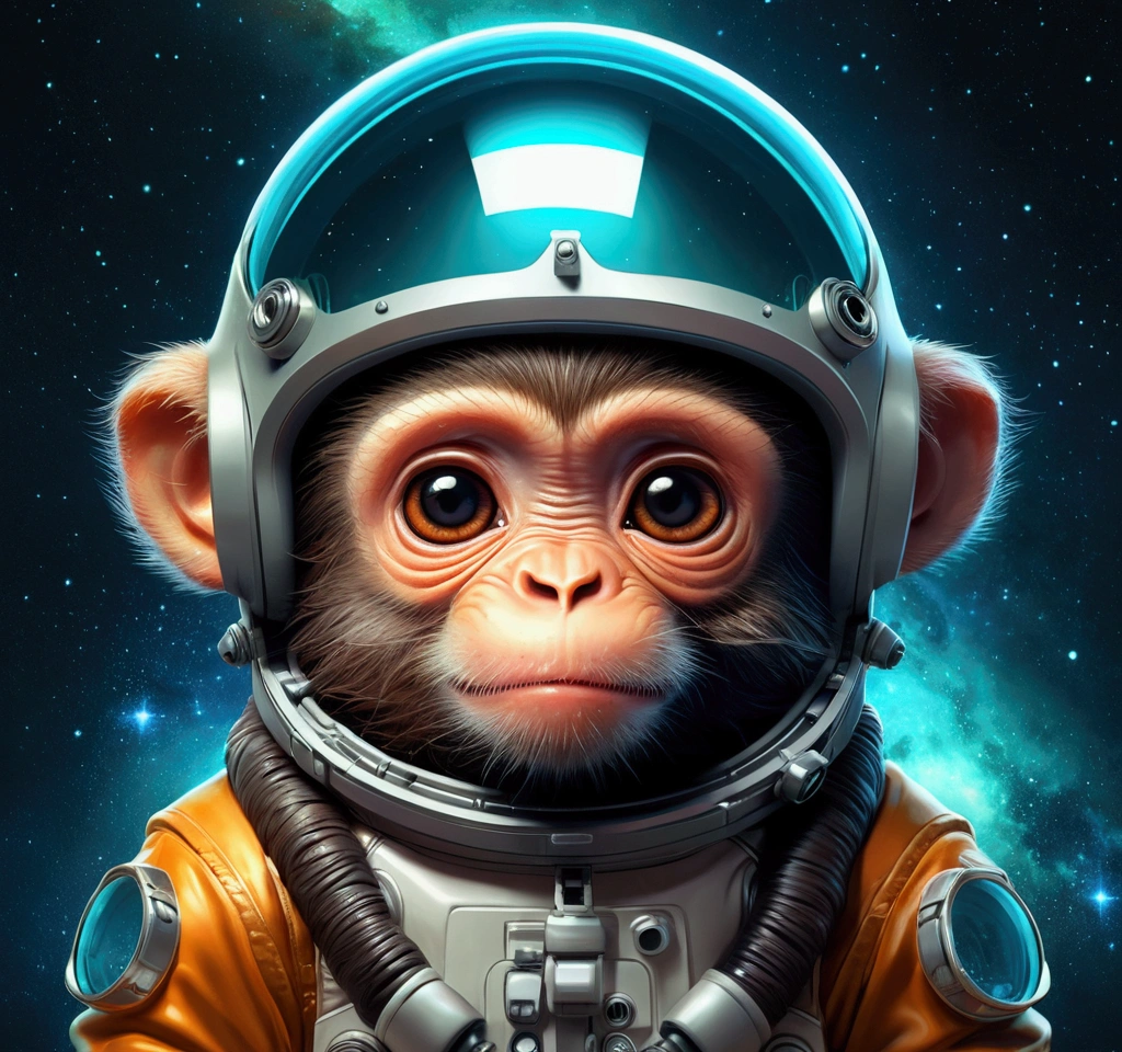 Chibi adorable cuddly monkey floating in space, wearing a glass helmet, moody, grainy, noisy, concept art, by Alberto Seveso, Cyril Rolando, Dan Mumford, Meaningful Visual Art, Detailed Painting, Digital Illustration, Unreal Engine 5, 32k maximalist, hyperdetailed fantasy art, 3d digital art, sharp focus, masterpiece, fine art