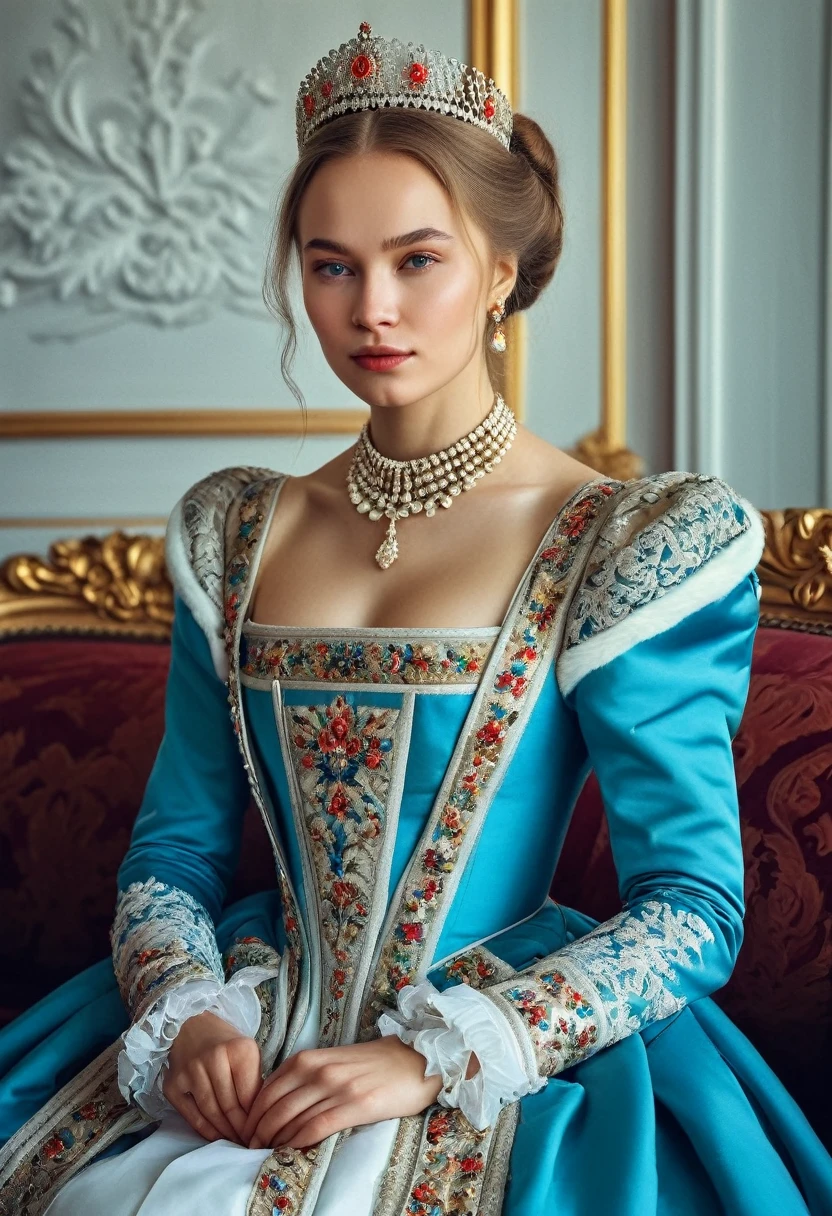 Create a stunning, hyper-realistic portrait of a 25-year-old Russian woman exuding elegance and charm, Hyperdetailed photography, vivid colours, sharp focus, in a royal attire