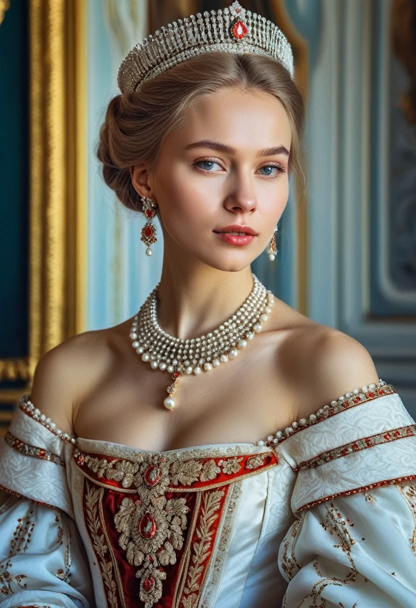 Create a stunning, hyper-realistic portrait of a 25-year-old Russian woman exuding elegance and charm, Hyperdetailed photography, vivid colours, sharp focus, in a royal attire