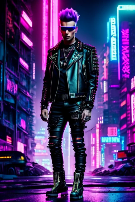 An image of a punk with a mohawk, dressed in a leather jacket with studs, in a futuristic style. The punk is standing against the backdrop of a sci-fi city with neon lights and cyberpunk elements. In the top right corner, the image features a bright, striking inscription 'НАУЧПАНК' in Russian, styled in cyberpunk with neon colors.