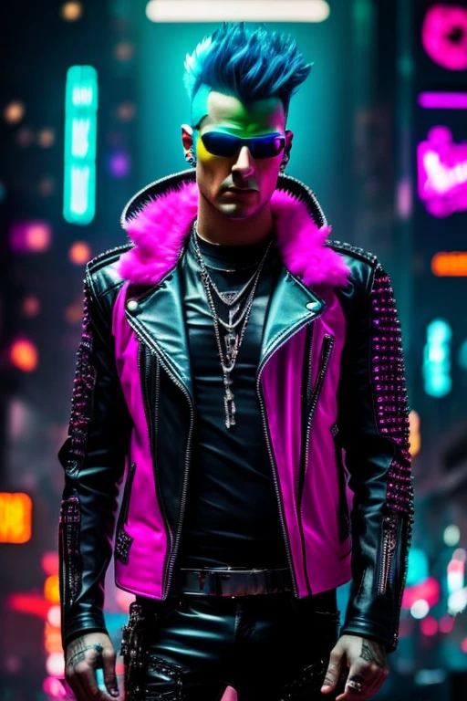 An image of a punk with a mohawk, dressed in a leather jacket with studs, in a futuristic style. The punk is standing against the backdrop of a sci-fi city with neon lights and cyberpunk elements. In the top right corner, the image features a bright, striking inscription 'НАУЧПАНК' in Russian, styled in cyberpunk with neon colors.