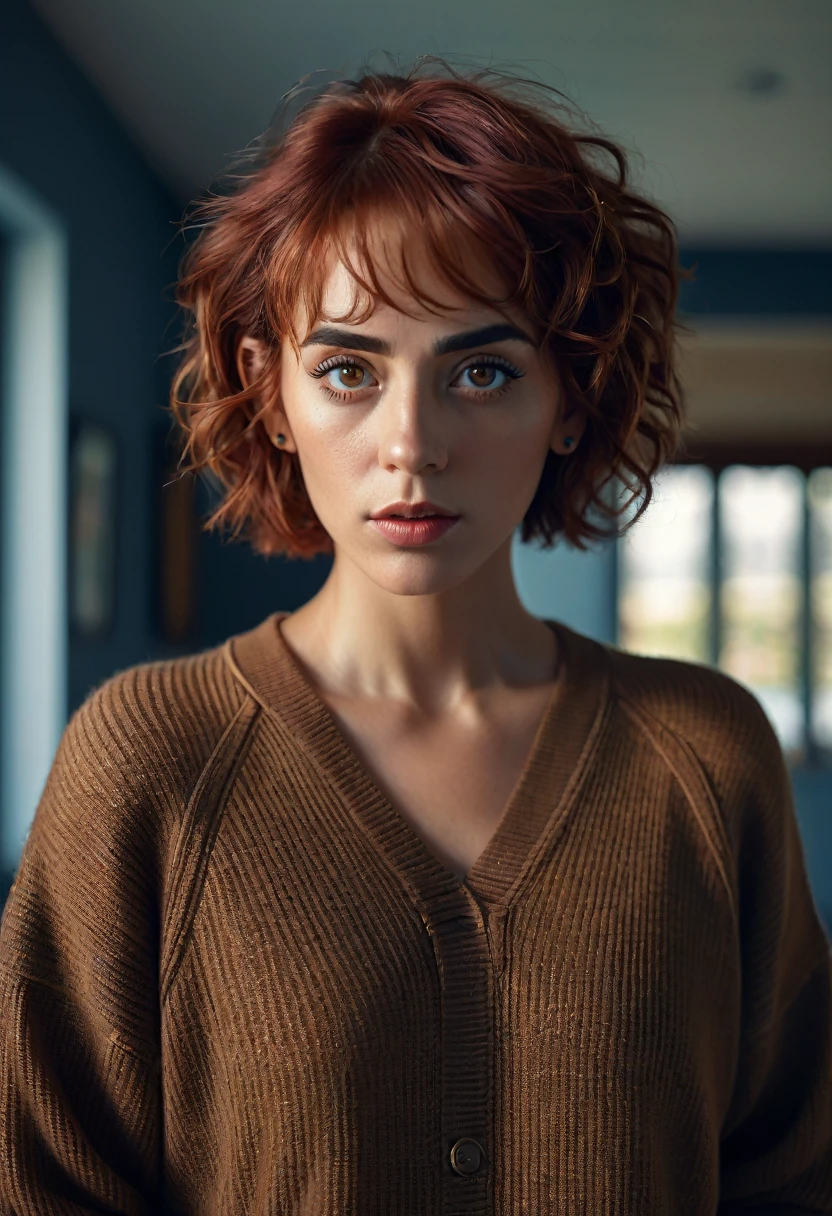 (best qualityer, 4K, high resolution, high resolution face details), illustration, style of Philip Lorca diCorcia, cinematic film still portrait of a 40 year old girl, 1 girl, standing alone, instagram model, athletic figure, very tanned skin, perfect lips, False eyelashes, modest bust size, Face pretty, wearing a brown sweater , wearing denim shorts, red hair and eyebrows, short curly hair, cross bangs, eyes browns, constricted pupils, hoop earings, cinematic lighting, ultra-wide angle, Canon, Hyper-Realism, ultra HD, texturized skin, High details, best qualityer, detailedeyes, detailed iris, Full-body image