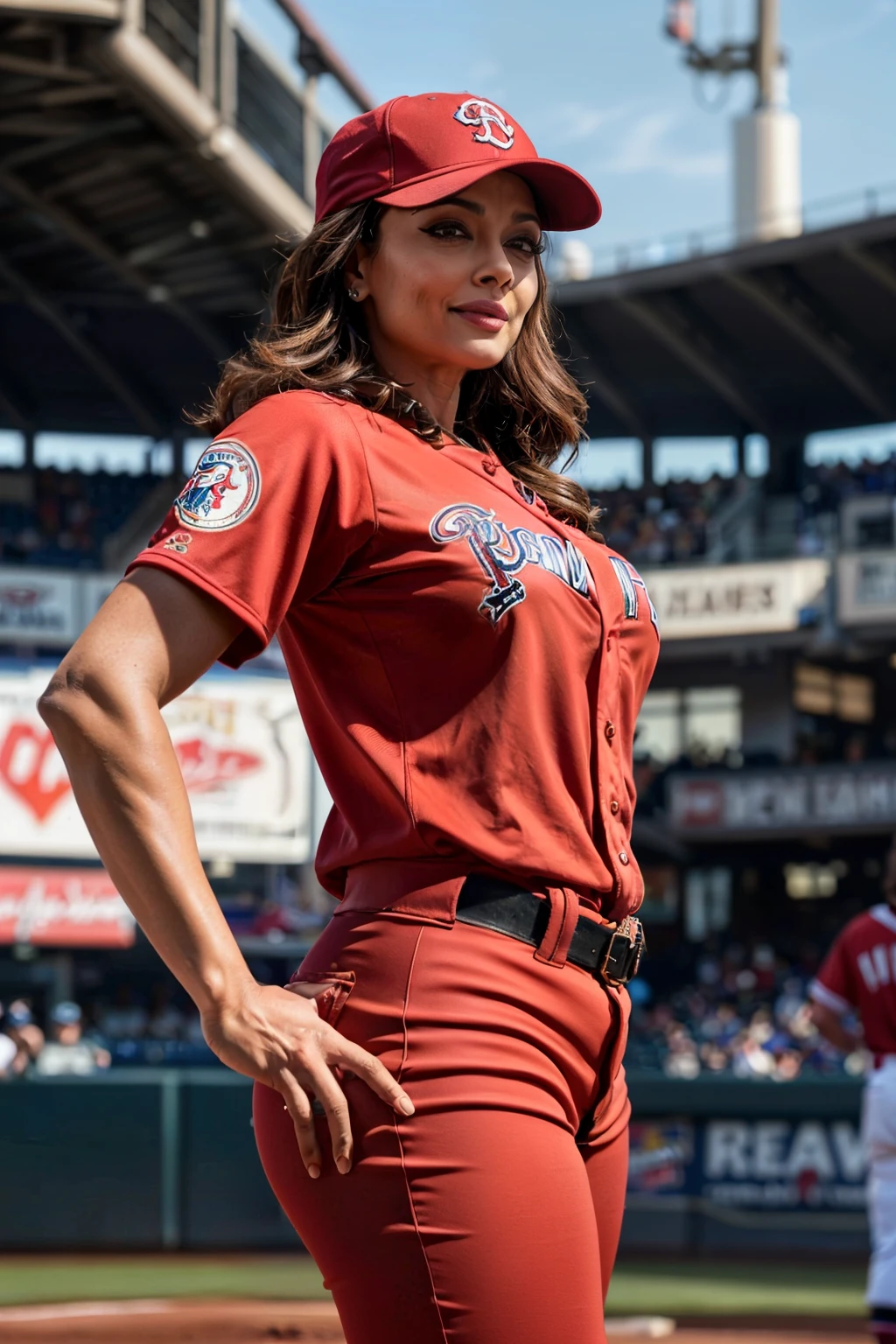 50YO MATURE MILF AISHWARYA RAI, age 50 MILF, wavy hair in the wind. she's a men magazine model, She has a subtle smile and flirts with the camera, (she wears a RED baseball uniform with full length pants and reverse baseball cap:1.2), (she is a pitcher standing on the pitchers mound:1.3), background baseball stadium, large crowd, sundown lighting, perfect eyes, perfect hands, perfect MATURE MILF body, perfect hair, perfect breasts, perfect hourglass figure, hair behind ear, UHD, retina, masterpiece, accurate, anatomically correct, textured skin, super detail, high details, high quality, award winning, best quality, highres, 16k, 8k, (full bodyshot:1.1), (full length photo:1.15),