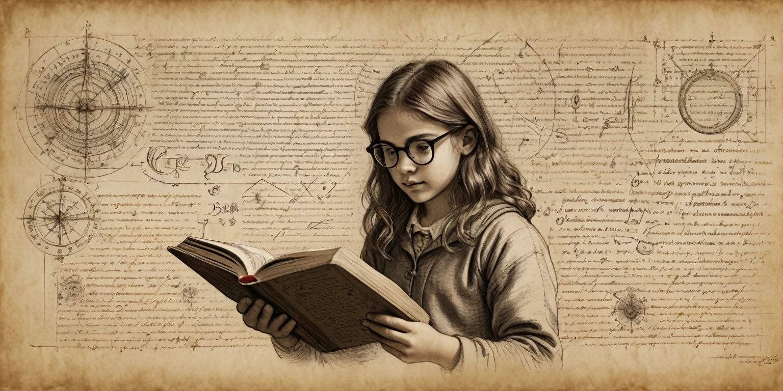 Portrait of a girl with glasses reading a book, drawn on paper，sketch，old parchment，pencil sketch，Stereoscopic light and shadow，Exhaustive Symbols，Annotated Mathematical Formulas, alchemical signs and tables, image of a girl to the right of the center of the picture,
(Detailed instructions and explanations, text), documentation,Rich and delicate strokes，