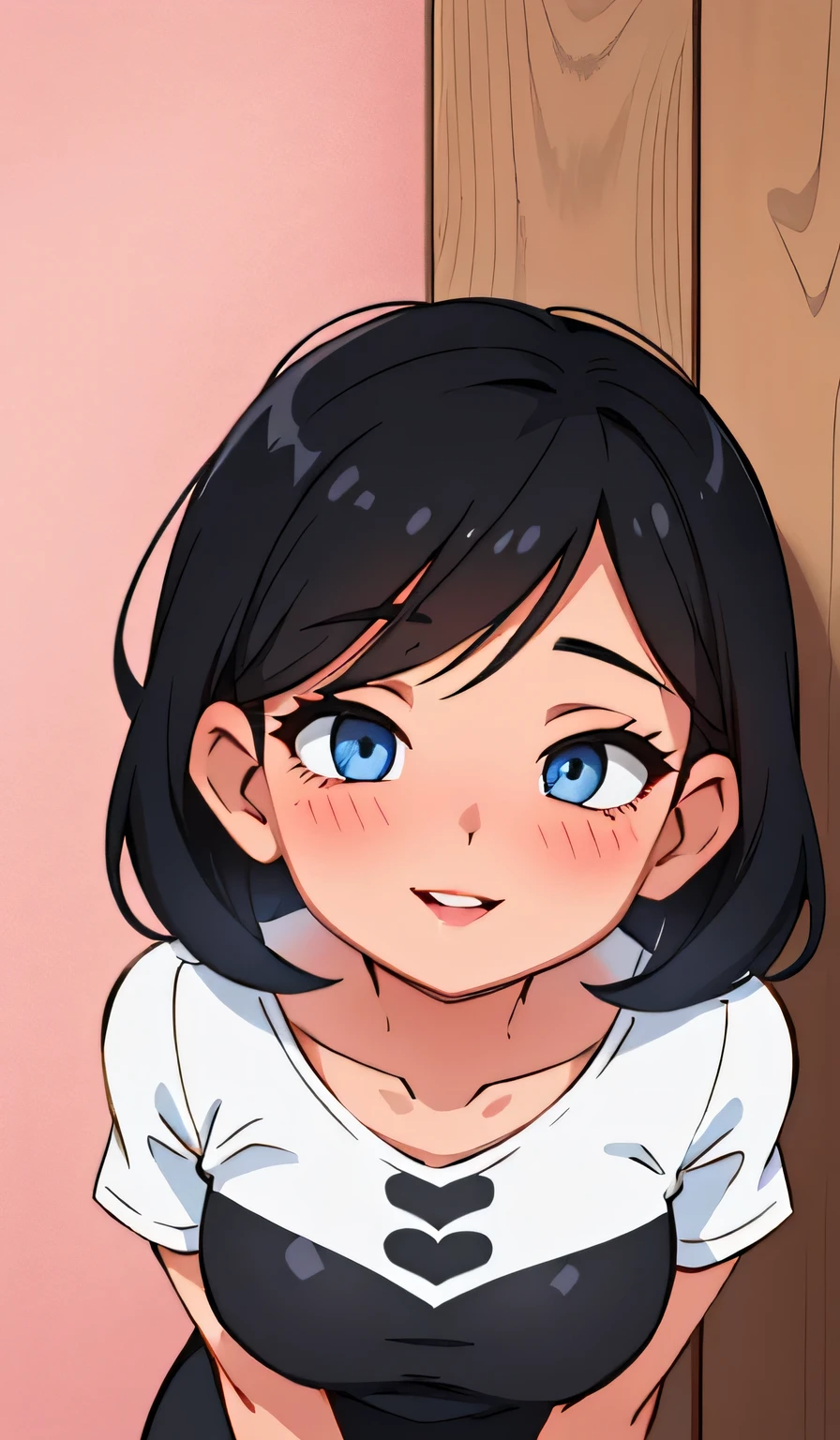 Sexy and cute woman, short black hair, bob style, plump face, seductive blue eyes, medium nose, deep pink blush, glossy red lips smiling, long neck, visible collarbone, white t shirt with black graphics tucked into shiny black pants, pinned against a wooden wall, natural lighting, intimate moment