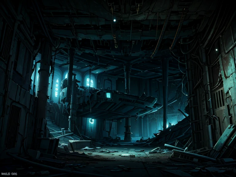 masterpiece, great detail, SciFI abandoned spaceship, wrecked ship, destroyed hallways, Cables, Cables, Lights, darkness, walls walls