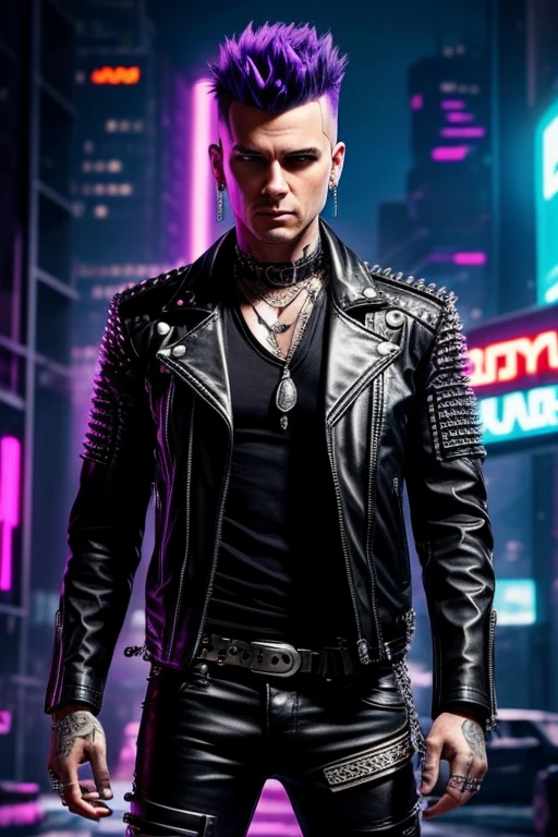 An image of a punk with a mohawk, dressed in a leather jacket with studs, in a futuristic style. The punk is standing against the backdrop of a sci-fi city with neon lights and cyberpunk elements. In the top right corner, the image features a bright, striking inscription 'НАУЧПАНК' in Russian, styled in cyberpunk with neon colors.