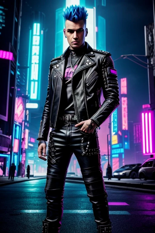 An image of a punk with a mohawk, dressed in a leather jacket with studs, in a futuristic style. The punk is standing against the backdrop of a sci-fi city with neon lights and cyberpunk elements. In the top right corner, the image features a bright, striking inscription 'НАУЧПАНК' in Russian, styled in cyberpunk with neon colors.