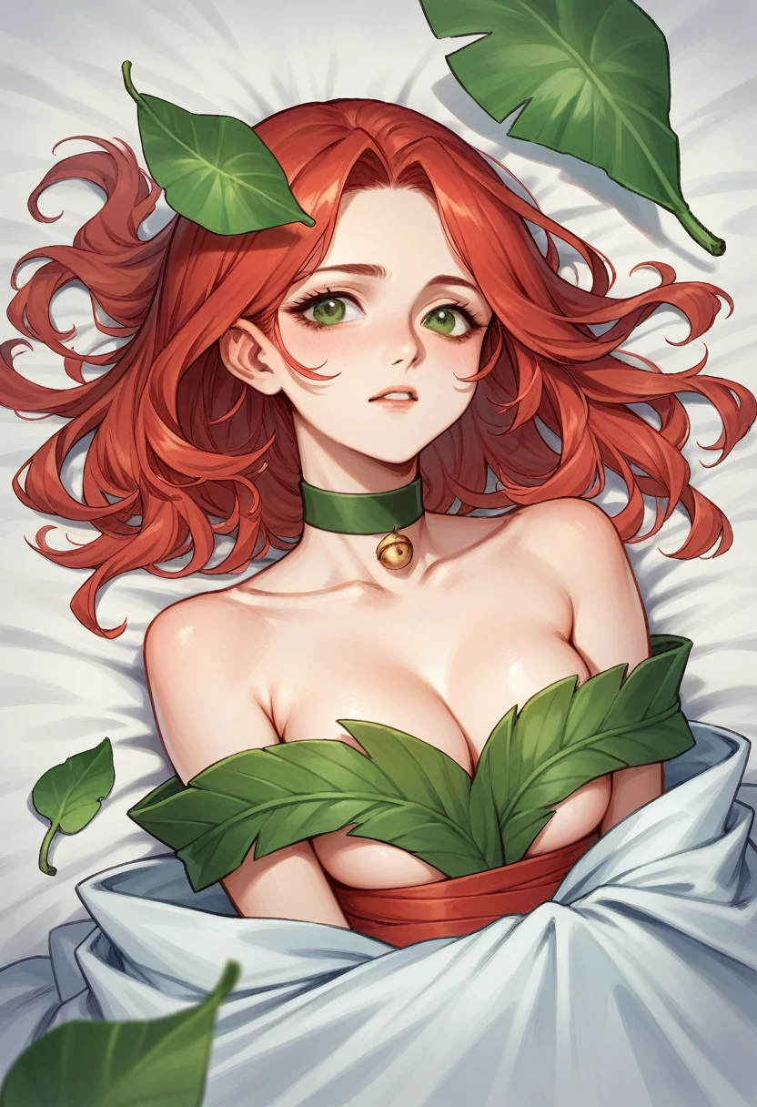 It was poisonous. Red hair. greeneyes. long hairstyle. choker. With your traditional leaf outfit. Beauthfull. 弓. a photo of a nearby face. bed-in
