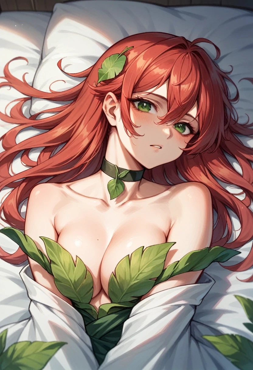 It was poisonous. Red hair. greeneyes. long hairstyle. choker. With your traditional leaf outfit. Beauthfull. 弓. a photo of a nearby face.  bed-in
