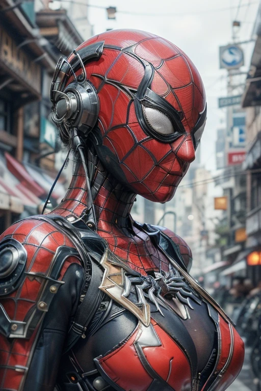 photorrealistic, (halfbody:1.3, face exposed, Look ahead), wide angle, (seen from the front), a young Japanese woman wearing intricate details ((mecha armor with crimson finish:1.3), (spider man likeness:1.3)), a beautiful hyper-realistic girl with gray-blue eyes (futuristic robotic mask:1.3), natural sagging of the breasts, high detailed official artwork, beautiful girls with slender body and busty posture, Legs long, attractive young woman, (attractive possessions:1.3, hug your chest), on the bench (hazy cyber city:1.2), fundo futuristico, rainy daytime, fanart de dubnitskiy davids, true-to-life portrayal, suave photorrealistic, perfect look of a beautiful girl, beautiful girls with round and soft faces, Facial Focus, makoto shinkai and artgerm, photon mapping, naturallight, warm color tones, bright coloured, Cool Ambient, hazy atmosphere