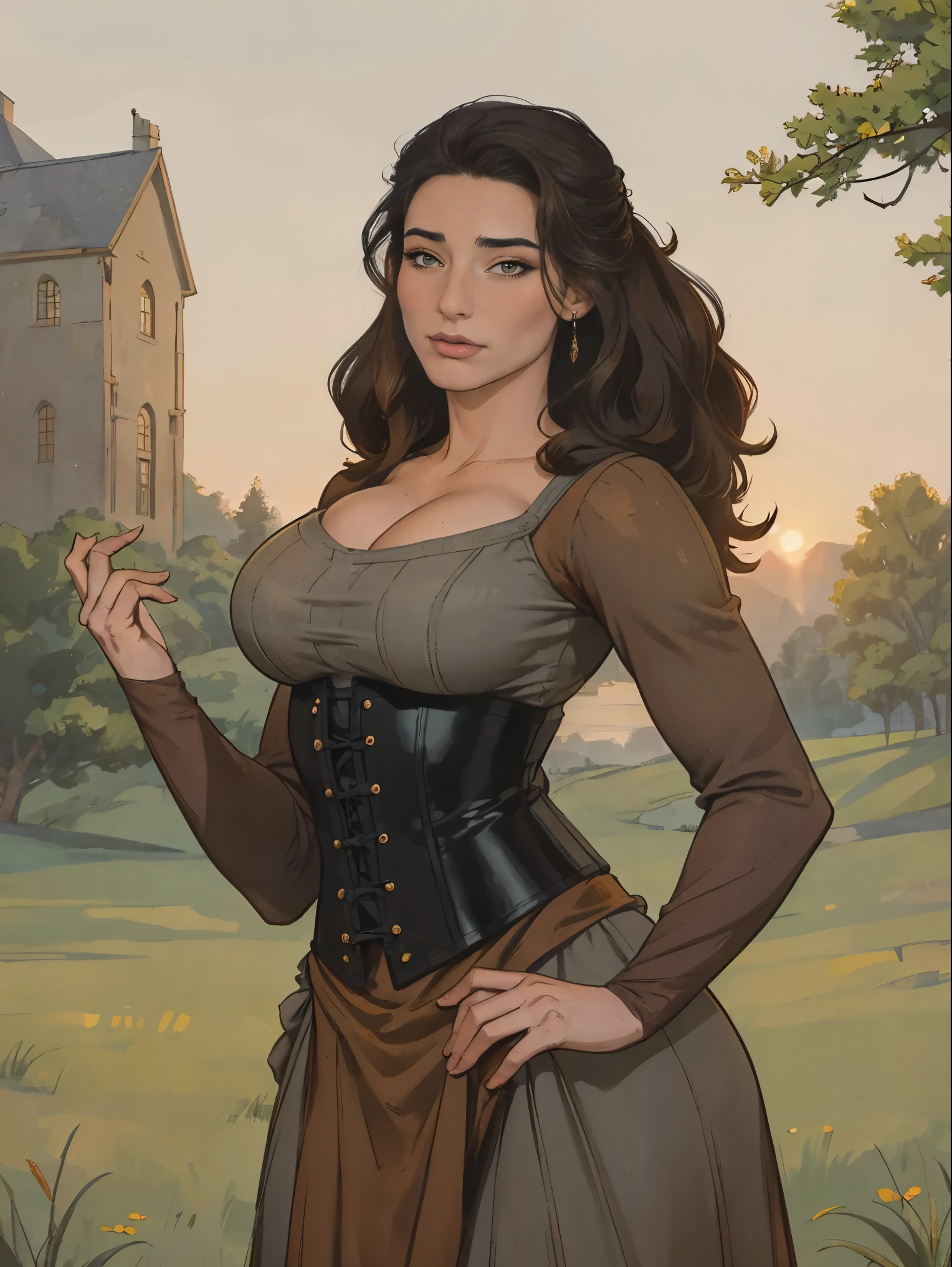 Gorgeous and sultry busty athletic (thin) brunette peasant with sharp facial features wearing a modest updo, medieval hair cover, rough-spun grey and brown medieval dress, long sleeves, wide neck, long dress, tight bodice, corset, Middle Ages, cottage, farm, exterior, trees, countryside, evening, sunset.