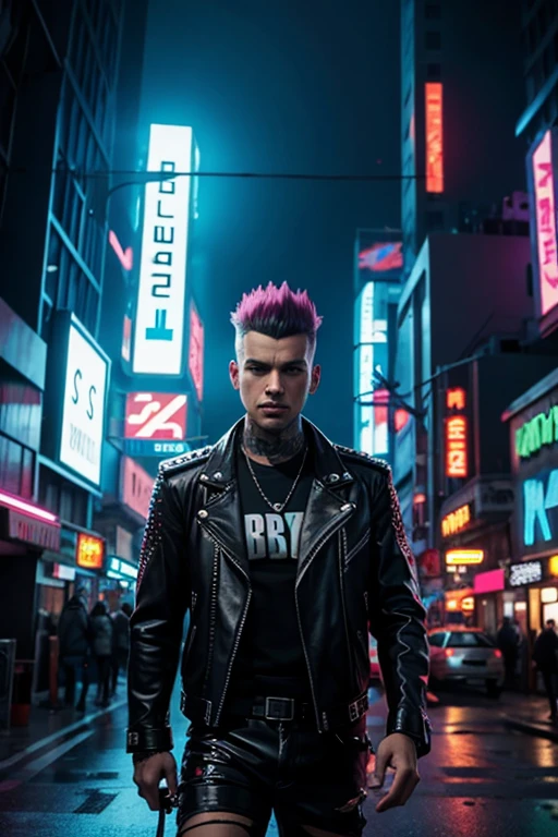 An image of a punk with a mohawk, dressed in a leather jacket with studs, in a futuristic style. The punk is standing against the backdrop of a sci-fi city with neon lights and cyberpunk elements. In the top right corner, the image features a bright, striking inscription 'НАУЧПАНК' in Russian, styled in cyberpunk with neon colors.