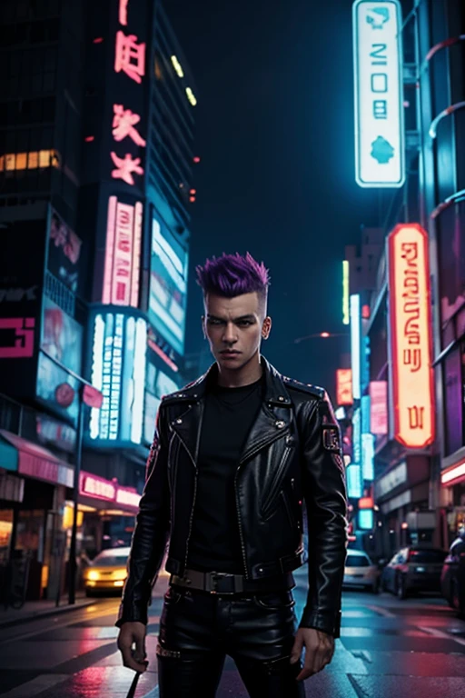 An image of a punk with a mohawk, dressed in a leather jacket with studs, in a futuristic style. The punk is standing against the backdrop of a sci-fi city with neon lights and cyberpunk elements. In the top right corner, the image features a bright, striking inscription 'НАУЧПАНК' in Russian, styled in cyberpunk with neon colors.