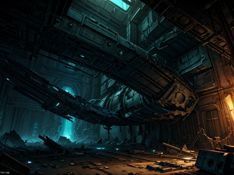 masterpiece, great detail, SciFI abandoned spaceship, wrecked ship, destroyed walls, Cables, Cables, Lights, darkness, walls walls