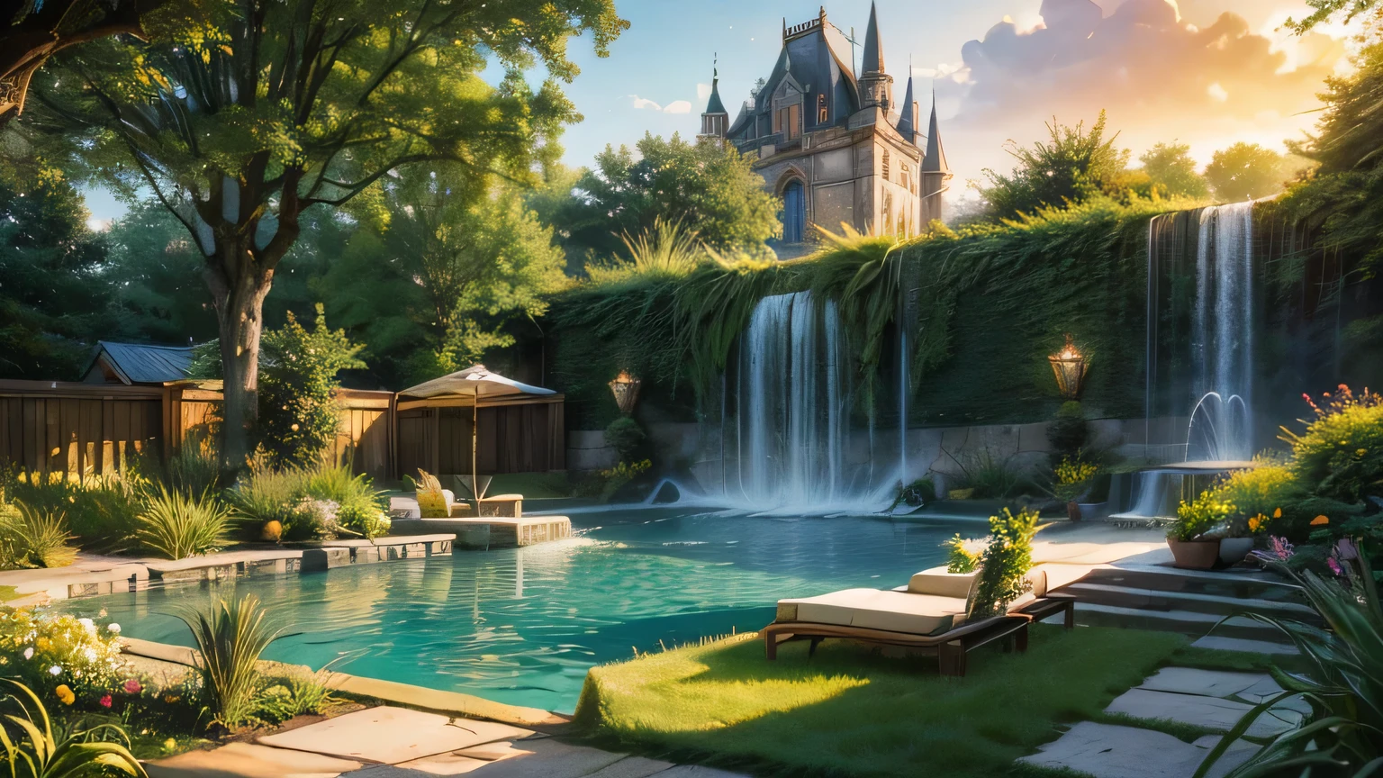 fairytale gothic castle ornamented fantasy garden,sunrise and sunbeams,hazy and misty,fountains pools fish lilies bogwood insects rocks plants flowers shrubs trees moss lawns grass,extreme details,photorealistic,4k,HD,beautiful,nature,archetecture