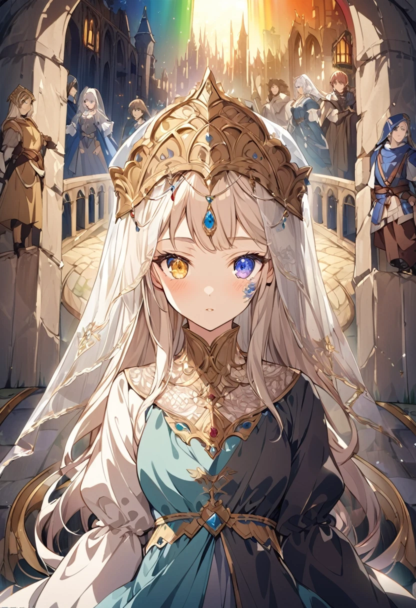 sakimiChanStyle, Urop Style, Portraiture, Detailed painted face, Beautiful woman, Fuller lips, Opaque Veil, Medieval Veil, Head rail, 12th century, Eyes with heterochromia, Rainbow Eyes, Medieval costume, Brot, Lord of the Rings Gown, Near perfect, Beautiful anime style, Character Panorama, Beautiful and detailed face, Shining Shadow, Beautiful gradation, Depth of written boundary, Beautiful graphics, high quality, Attention to detail, High resolution, Luminous Studio Graphics Engine