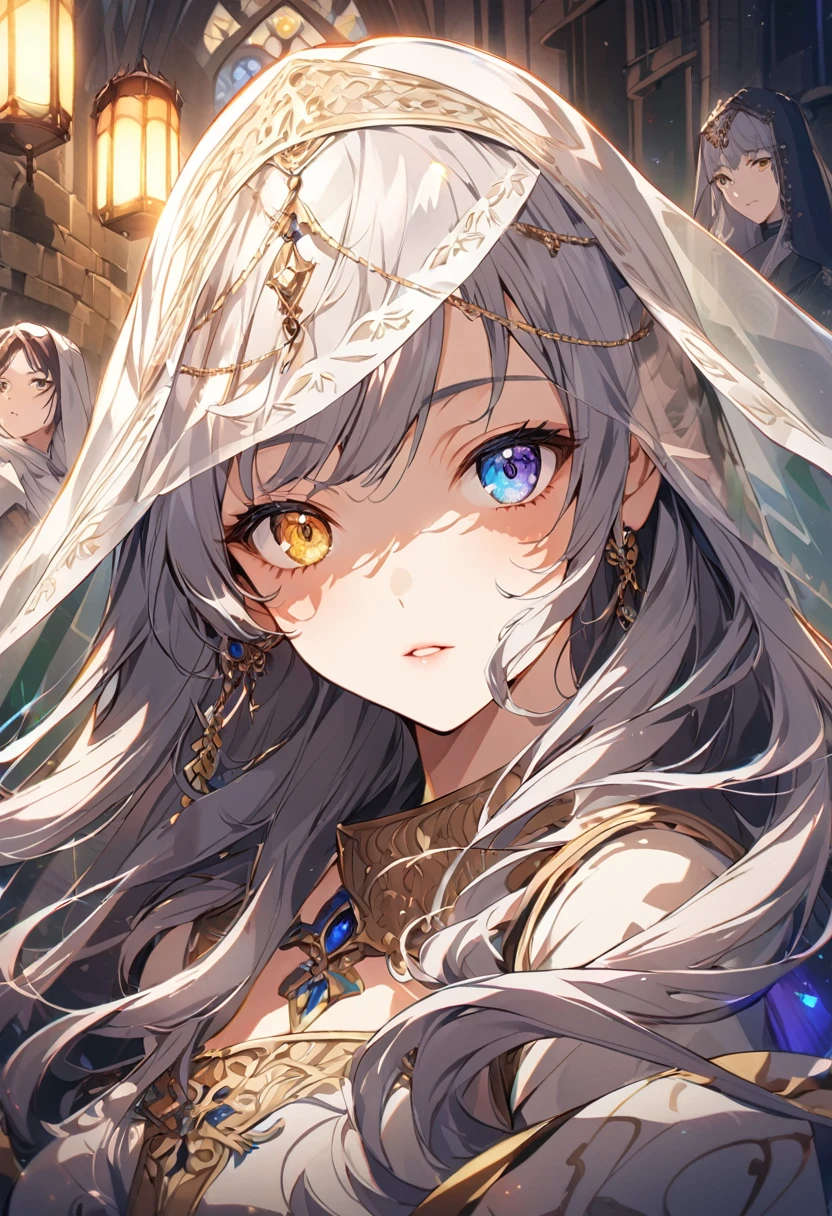 sakimiChanStyle, Urop Style, Portraiture, Detailed painted face, Beautiful woman, Fuller lips, Opaque Veil, Medieval Veil, Head rail, 12th century, Eyes with heterochromia, Rainbow Eyes, Medieval costume, Brot, Lord of the Rings Gown, Near perfect, Beautiful anime style, Character Panorama, Beautiful and detailed face, Shining Shadow, Beautiful gradation, Depth of written boundary, Beautiful graphics, high quality, Attention to detail, High resolution, Luminous Studio Graphics Engine