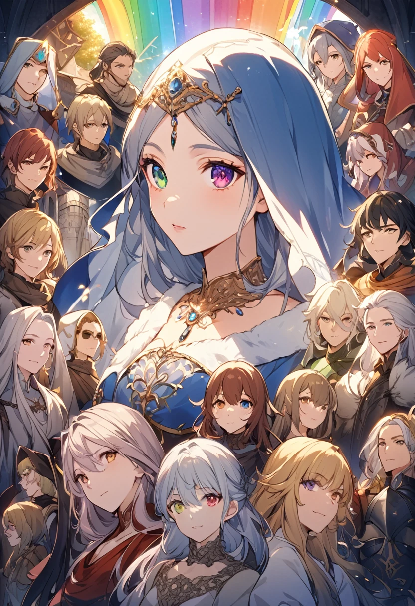 sakimiChanStyle, Urop Style, Portraiture, Detailed painted face, Beautiful woman, Fuller lips, Opaque Veil, Medieval Veil, Head rail, 12th century, Eyes with heterochromia, Rainbow Eyes, Medieval costume, Brot, Lord of the Rings Gown, Near perfect, Beautiful anime style, Character Panorama, Beautiful and detailed face, Shining Shadow, Beautiful gradation, Depth of written boundary, Beautiful graphics, high quality, Attention to detail, High resolution, Luminous Studio Graphics Engine