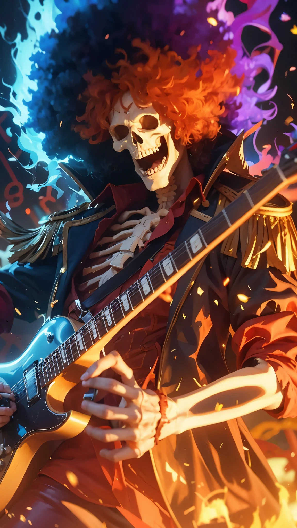 Vibrant and dynamic digital illustration featuring Brook from One Piece, depicted as a skeleton with an afro hairstyle, half engulfed in blue flames and the other half in red flames. Brook is dressed in a dark, ornate jacket with gold epaulets and intricate patterns, a bright orange cravat, and blue pants. He is playing an electric guitar with a skull-shaped headstock, his bony fingers expertly strumming the strings. The background is a mix of dark and bright colors, with splashes of red, blue, and yellow, creating an energetic and fiery atmosphere. Musical notes and energy waves radiate from the guitar, emphasizing the dynamic performance. The style is highly detailed and colorful, with a strong emphasis on contrast and movement, capturing Brook's lively spirit and rockstar persona. His eye sockets glow with an eerie blue light, and his jaw is slightly open, as if singing along with the music,