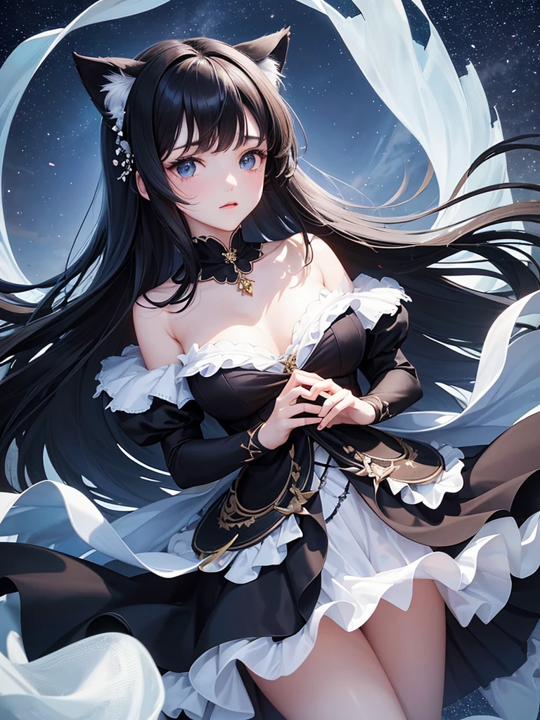 A delicate, graceful young woman with long, flowing, straight black hair and cat ears. She wears an intricately patterned blue mini-skirt dress with off-the-shoulder sleeves and a fitted bodice. The background is a dreamy night sky with petals floating in the air, a fantastic and ethereal atmosphere. Her expression is gentle, enchanting, and slightly fantastical, and the angle is from below.