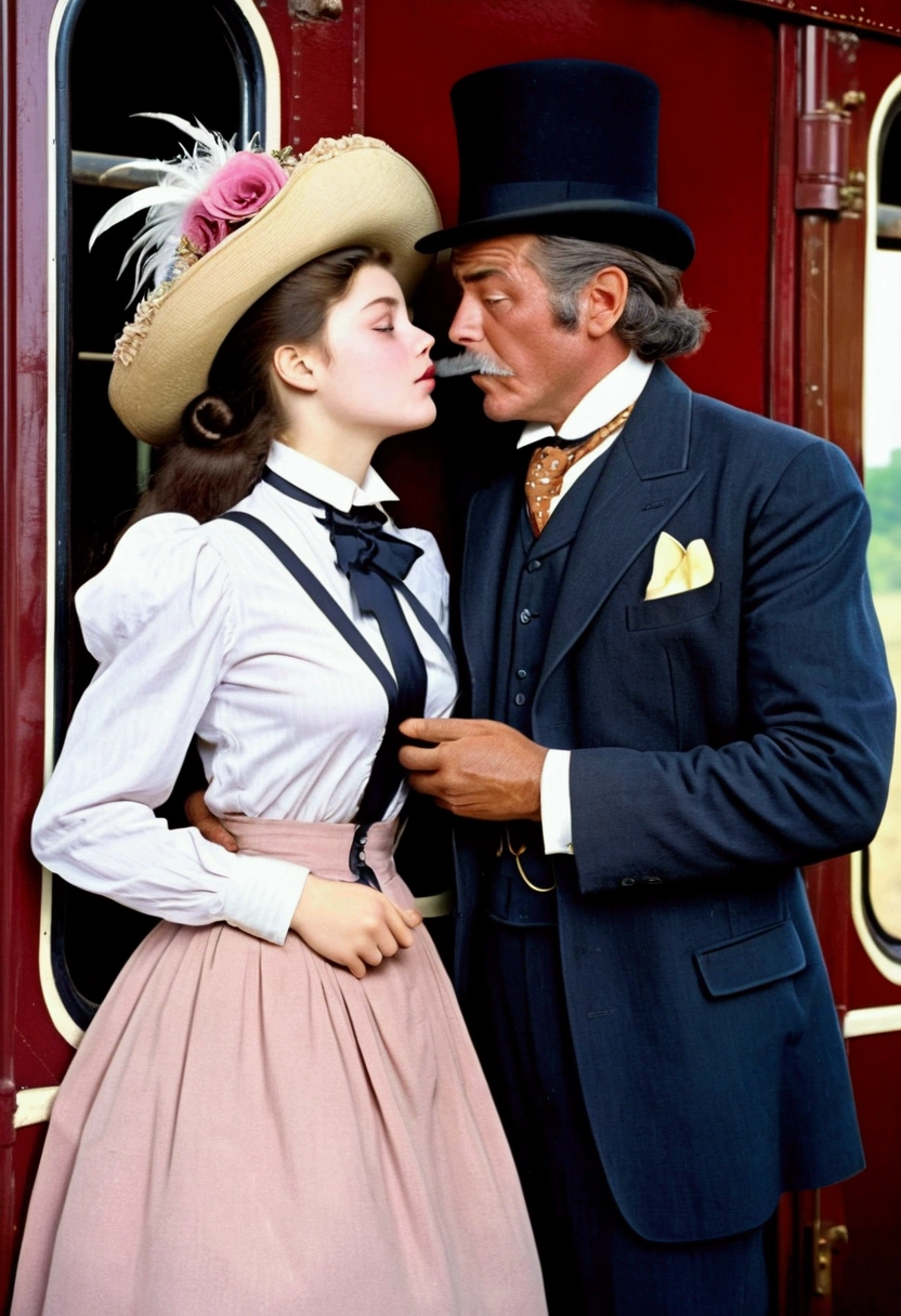 Year 1901. A pretty yo brunette teenage Gibson Girl dry-humped and fondled by a horny 69yo gentleman behind her inside a train car. The girl wears a Victorian high-collar long sleeve shirtwaist, sash around her waist, floor-length skirt and a wide-brimmed picture hat topped with feathers, ribbons and flowers, wasp waist, large bubble butt, gorgeous face, long hair styled into a pompadour. The aged man wears a three-piece business suit with a starched collar and a bowler hat. The girl bites her bottom lip. (((1 man, 1 girl, NSFW))). Man rubs himself against girl's ass.