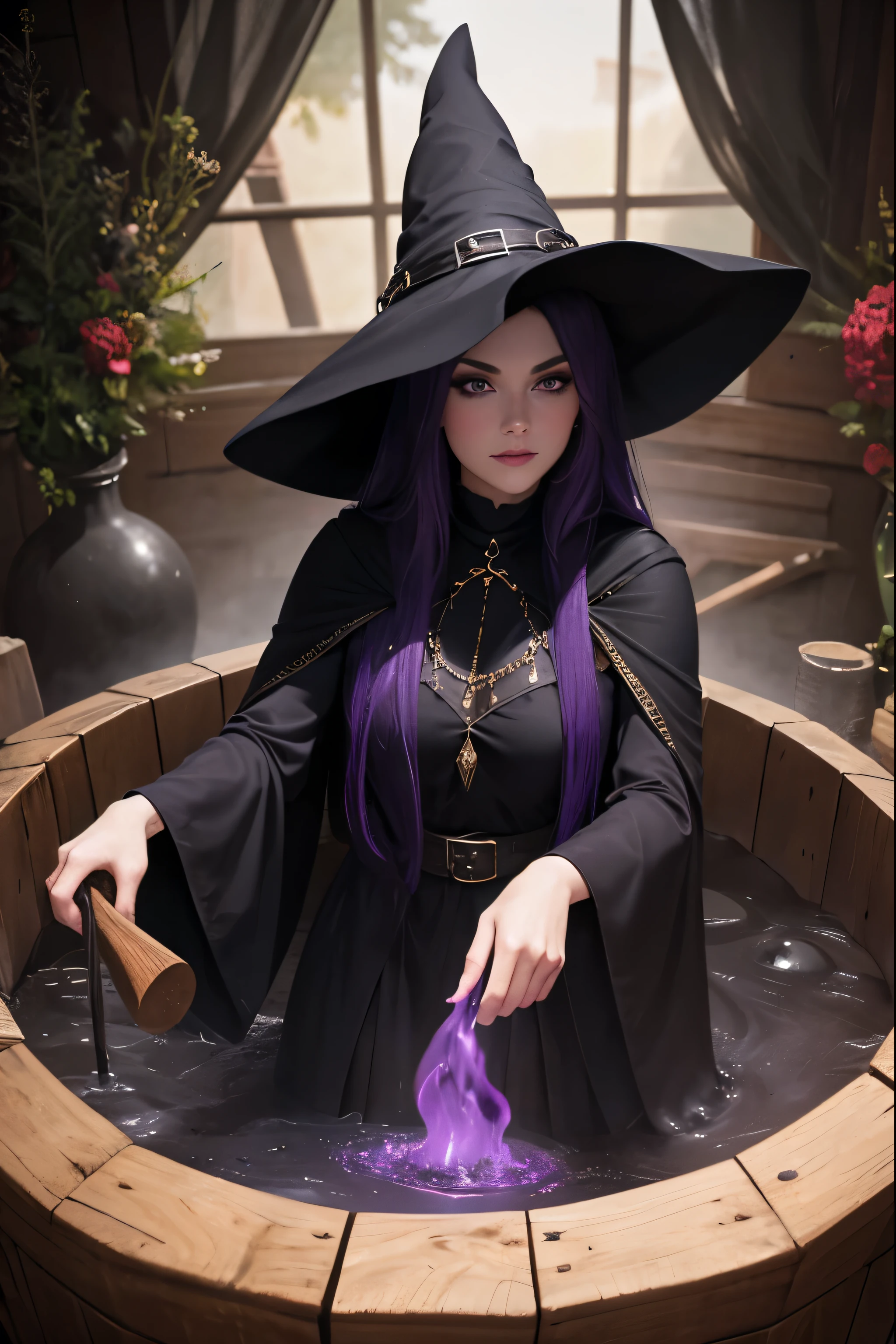 Woman, Evil Witch, Dark Purple Hair, Long Hair, Black dress, Black Cloak, Large Witches hat, in Witches Hut, Stirring a bubbling cauldron