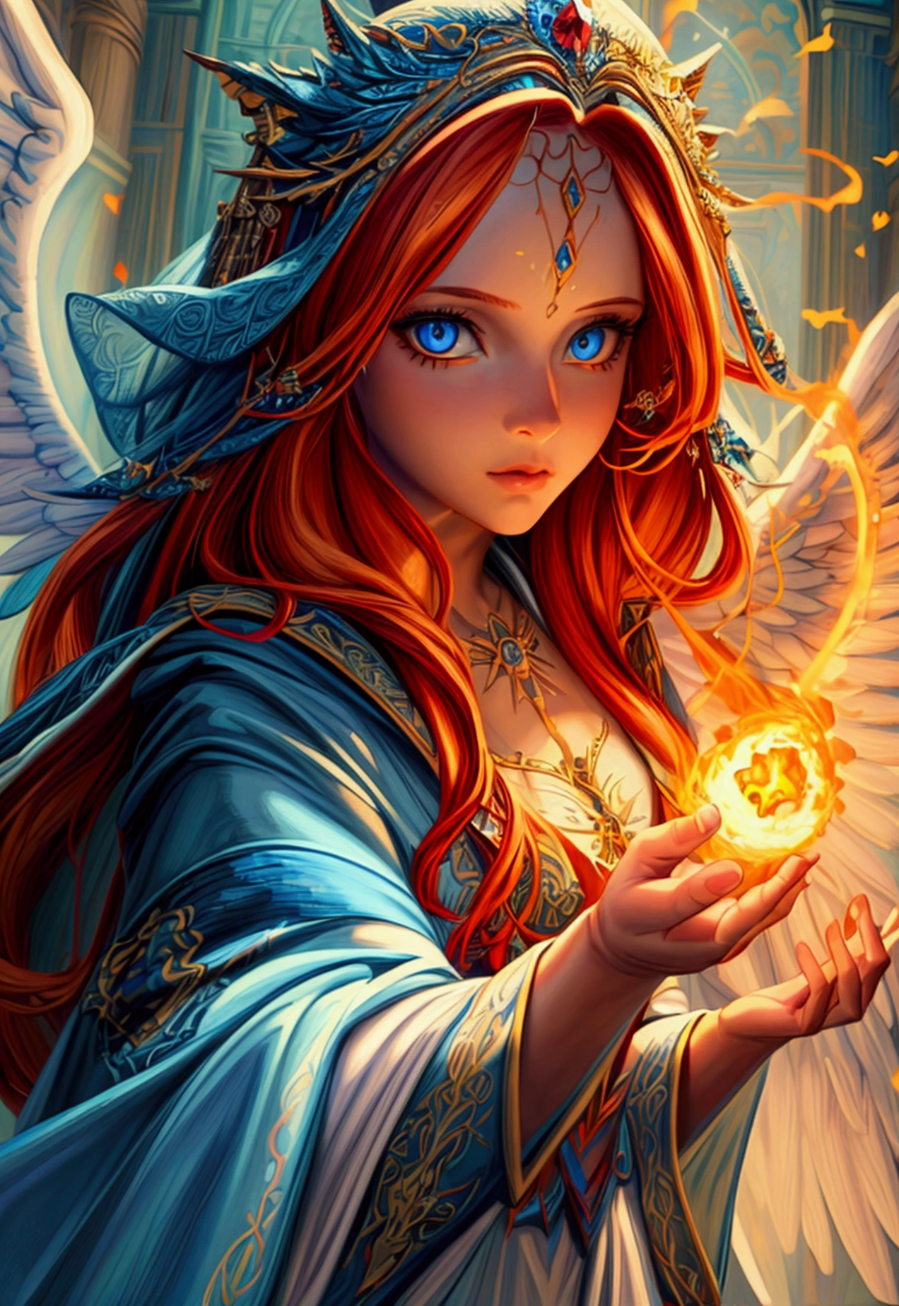 arafed high details, best quality, 16k, (ultra detailed: 1.5), masterpiece, best quality, (extremely detailed), dynamic angle, ultra wide shot, photorealistim, RAW, fantasy art, dnd art, fantasy art, realistic art, a wide angle picture of a female aasimar sorceress casting a fire spell, full body  (intense details, Masterpiece, best quality), D&D aasimar, exremley beautiful female aasimar, orange hair, long hair, wavy hair, dynamic eyes color, angelic eyes, radiant magical eyes, ultra detailed face (intense details, Masterpiece, best quality), spread angelic wings, white angelic wings (intense details, Masterpiece, best quality),  wearing [black] robe, wearing blue cloak, long cloak, flowing cloak with fire motifs (intense details, Masterpiece, best quality), armed with magical staff (intense details, Masterpiece, best quality), manipulating fire magical energy (intense details, Masterpiece, best quality), controlling lightning, dark fantasy magical tower background, evil temple background (intense details, Masterpiece, best quality)
