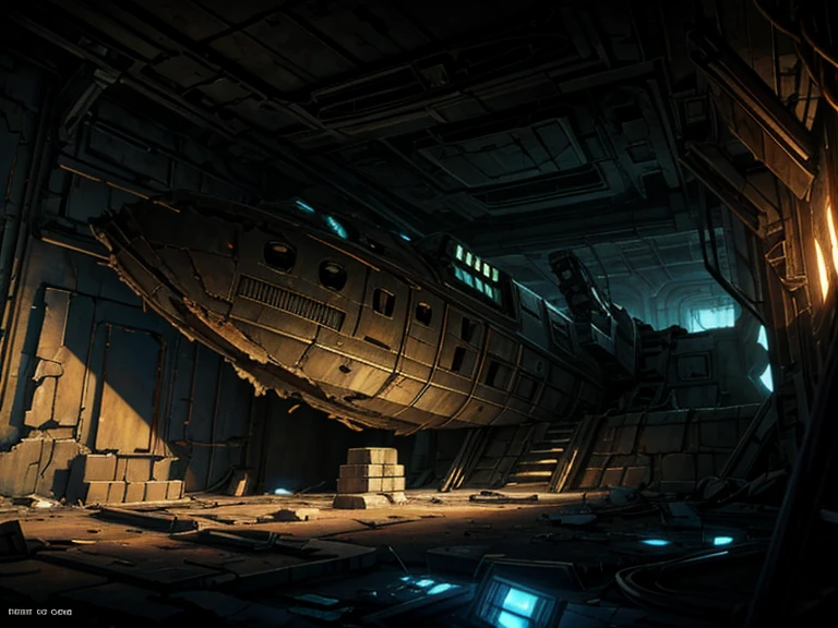 masterpiece, great detail, SciFI abandoned spaceship, front mink wrecked ship, destroyed walls, Cables, Cables, Lights, darkness, walls walls