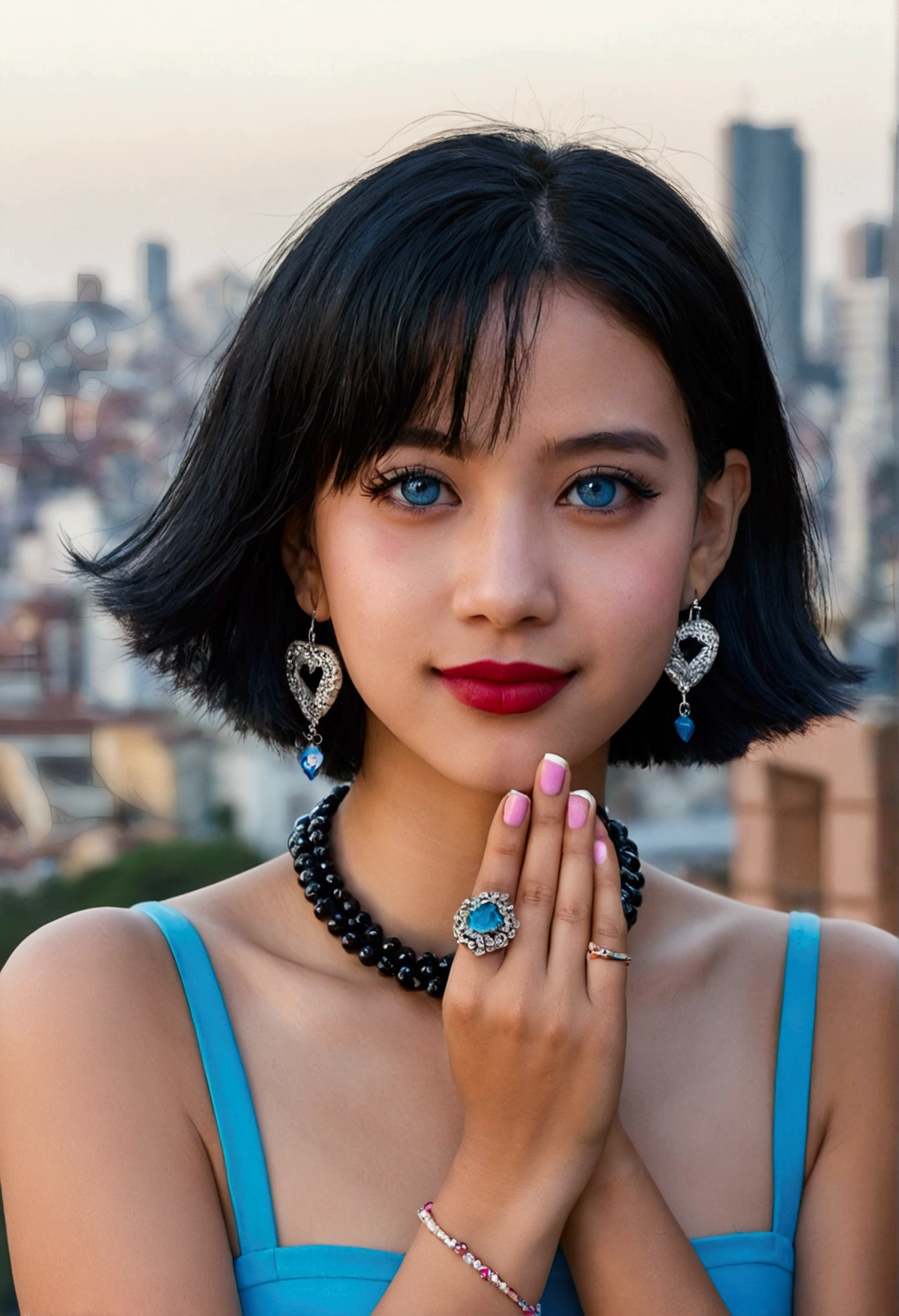pilyeon, standing alone, 1 girl, toenails vermelhos, jewerly, shorth hair, looking ahead at viewer, choker, necklase, hand on own face, piercing, São Paulo city background, Heart, boc, blue colored eyes, glaze, simple background, black hair, ear piercing, black choker, ssmile, eyelash, lips, hand on own cheek, bangss, bracelet, beads, gem, aretes, toenails