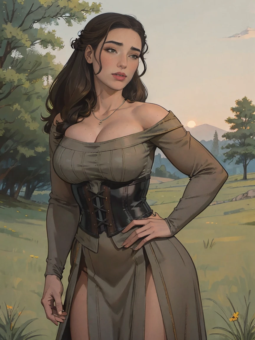 Gorgeous and sultry busty athletic (thin) brunette peasant with sharp facial features wearing a modest updo, medieval hair cover, rough-spun grey and brown medieval dress, long sleeves, wide neck, long dress, tight bodice, corset, Middle Ages, cottage, farm, exterior, trees, countryside, evening, sunset.