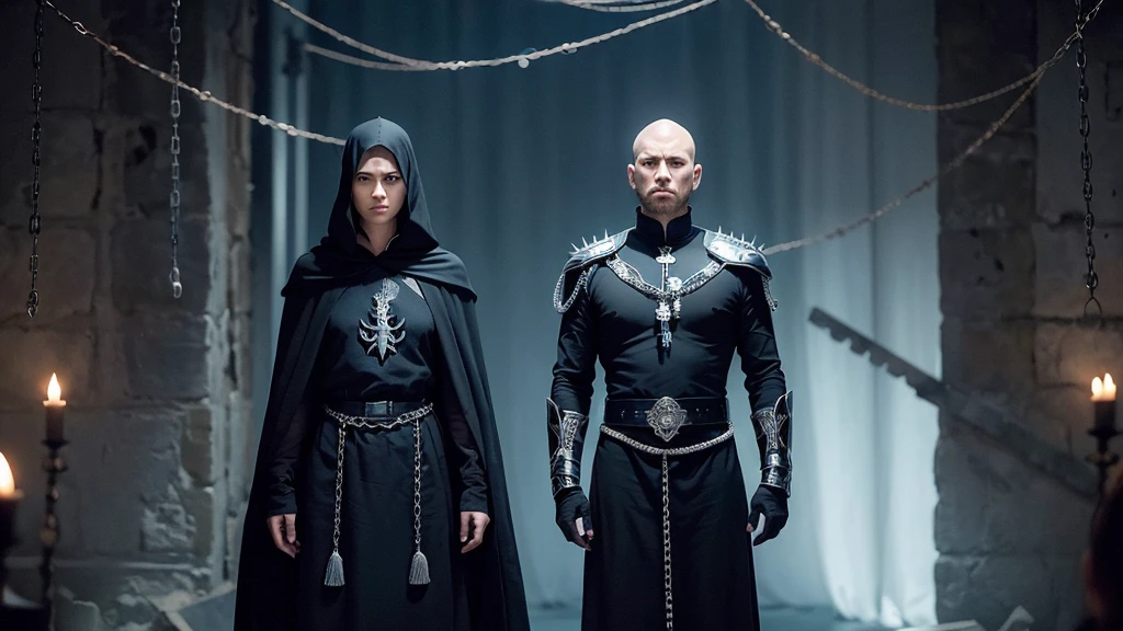 Create an image of Pinhed, the leader of the cenobites, pale face and nails spiked in geometric patterns, intense blue eyes, and wearing a black tunic adorned with silver details. He must be standing, with an erect and imposing posture, looking straight forward, in a dark and claustrophobic environment with dark stone walls and chains hanging in the background.