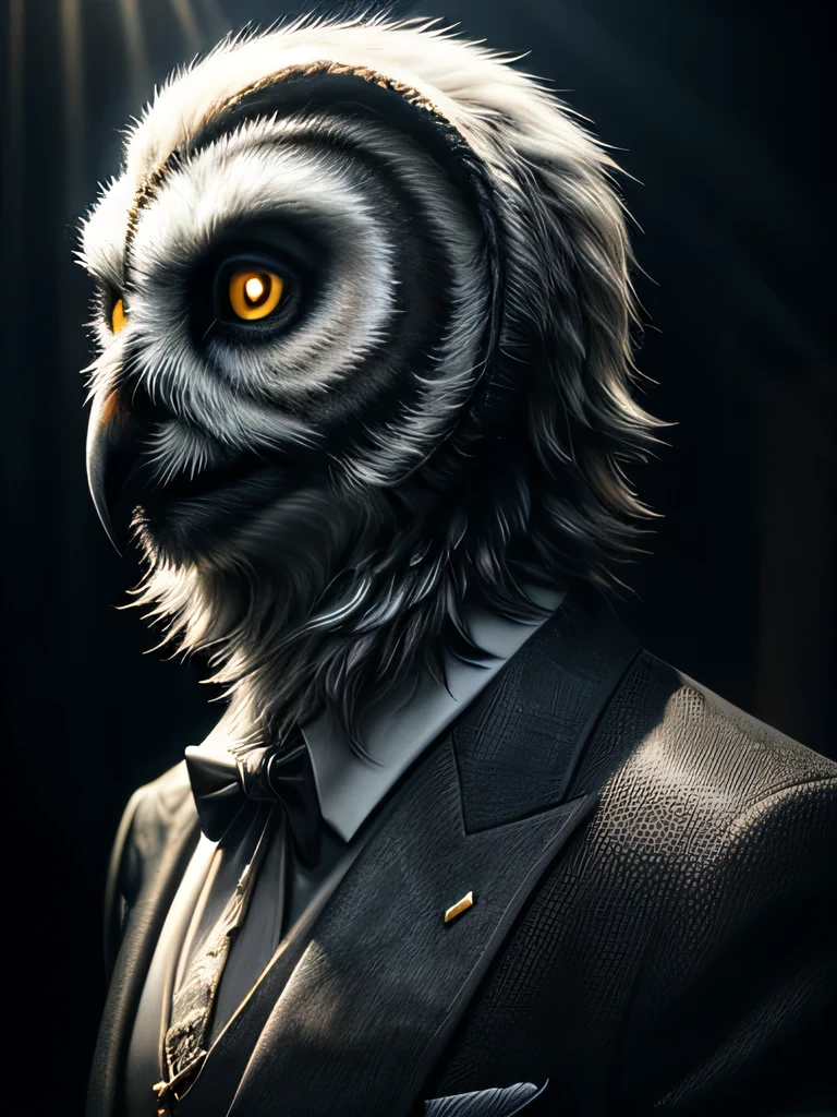 A black and white barred owl with glowing white eyes, wearing a fancy silver-lined suit, highly detailed, photorealistic, dramatic lighting, cinematic composition, intricate feather textures, elegant pose, (best quality,4k,8k,highres,masterpiece:1.2),ultra-detailed,(realistic,photorealistic,photo-realistic:1.37),cinematic,digital art,hyperrealism,dramatic contrast,chiaroscuro,dramatic shadows