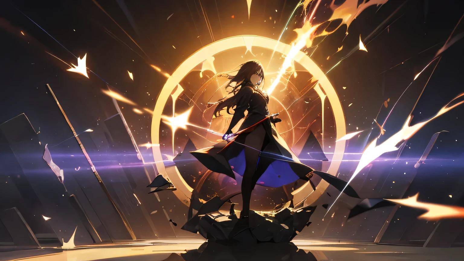 A broken hourglass being sucked into a magical portal rays of sparks coming out of the portal in the darkness