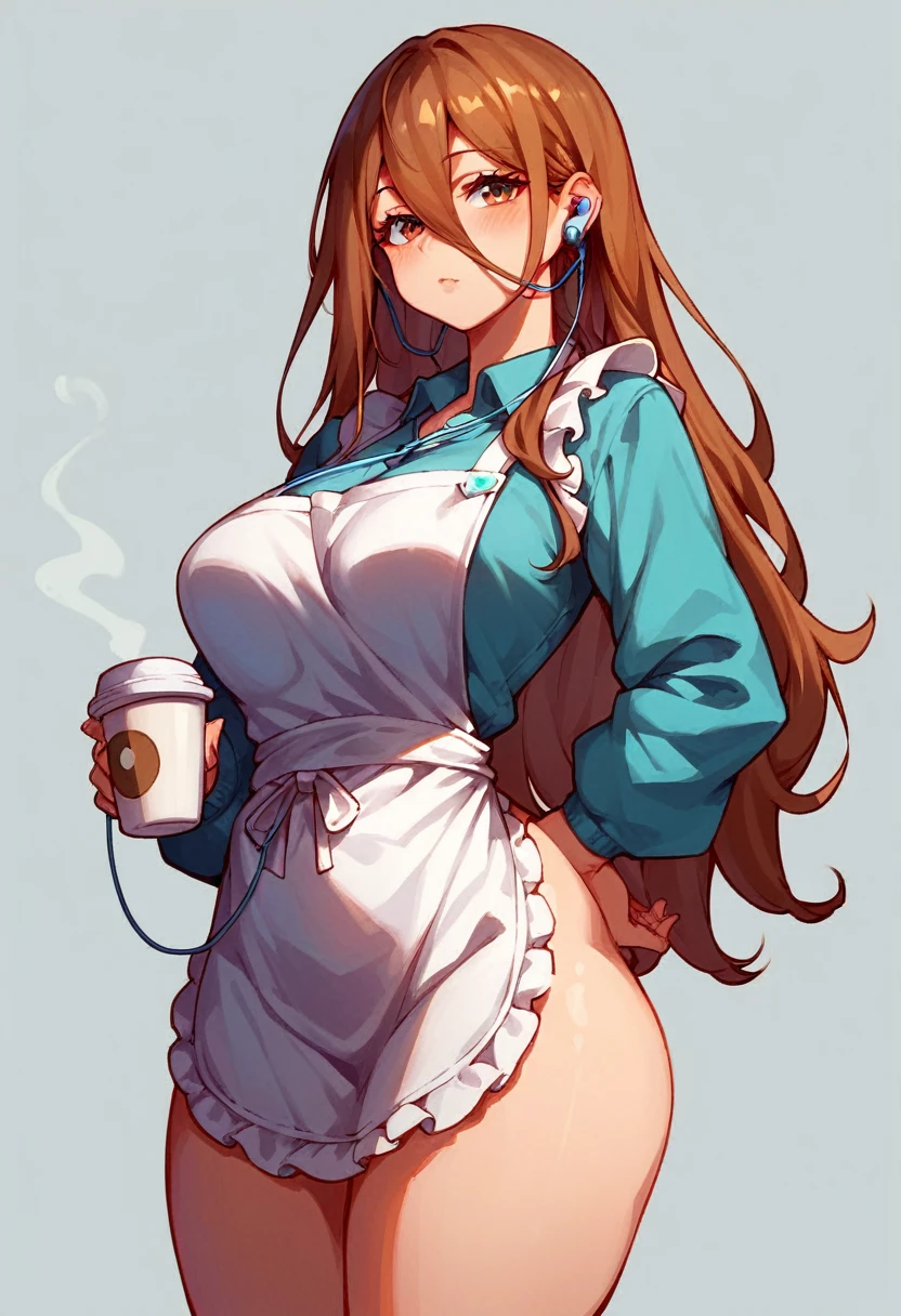 1 girl, standing alone, nakano miku, long brown hair, hair between the eyes, earbuds, (barebody:1.3), (white apron), breasts big, neckleace, thicc thighs, coffee background, (blushful:1.2)