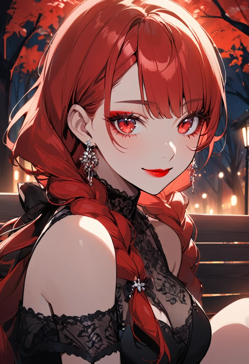 1girl, alone, long hair, looking at viewer, smile, bangs, red eyes, jewelry, closed mouth, braid, red hair, earrings, double braids, eyelashes, makeup, lipstick, portrait, red lips, black dress, bare shoulders , cleavage, medium breasts, outdoors at night, several trees,