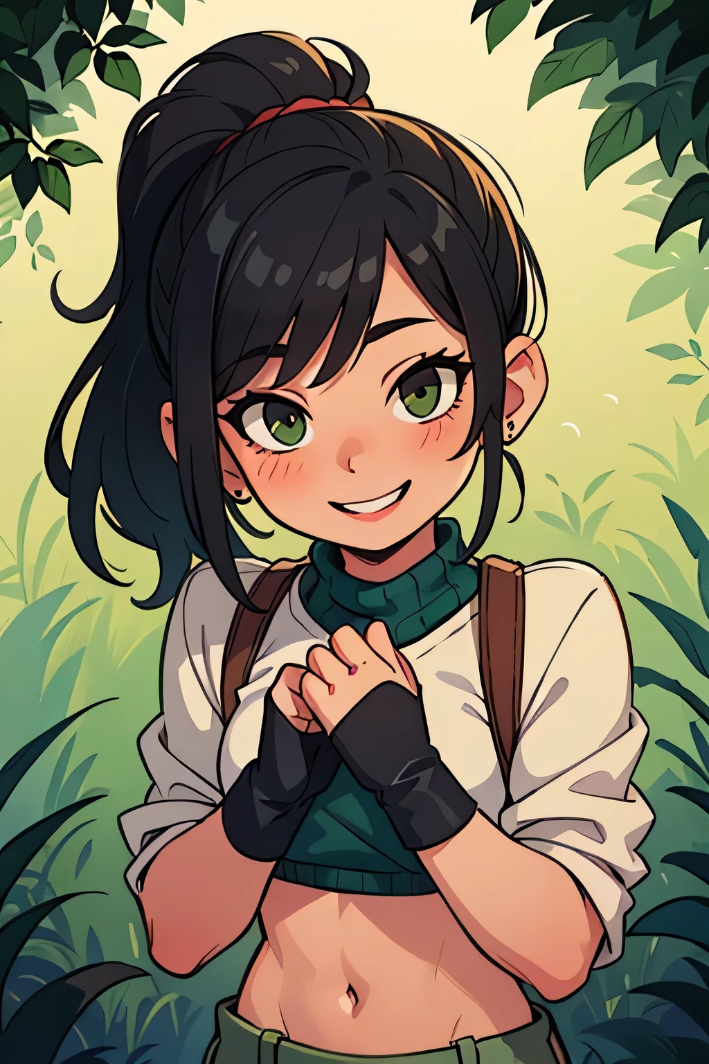 Amazing portrait of a sexy woman wearing her luscious black hair in a cute ponytail, seductively gazing and smiling, soft lips, parted, blushing intensely, smiling, dark green sweater, cream cargo pants, medium chest, perfect body