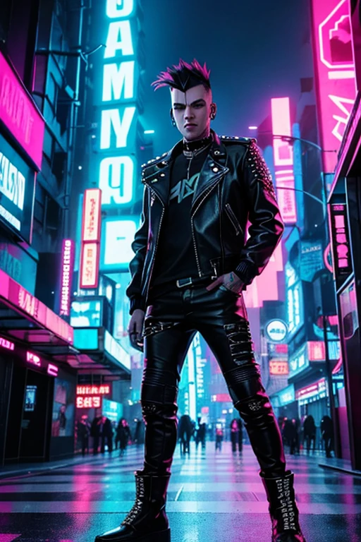 An image of a punk with a mohawk, dressed in a leather jacket with studs, in a futuristic style. The punk is standing against the backdrop of a sci-fi city with neon lights and cyberpunk elements. In the top right corner, the image features a bright, striking inscription 'НАУЧПАНК' in Russian, styled in cyberpunk with neon colors.