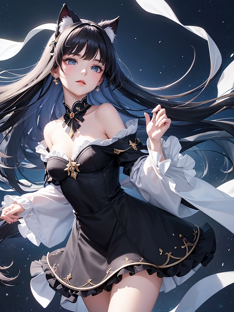 A delicate, graceful young woman with long, flowing, straight black hair and cat ears. She wears an intricately patterned blue mini-skirt dress with off-the-shoulder sleeves and a fitted bodice. The background is a dreamy night sky with petals floating in the air, a fantastic and ethereal atmosphere. Her expression is gentle, enchanting, and slightly fantastical, and the angle is from below.