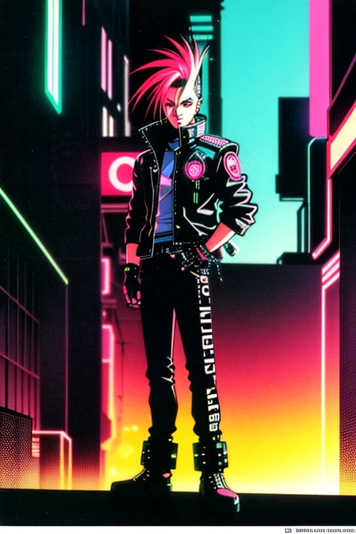 An image of a punk with a mohawk, dressed in a leather jacket with studs, in a futuristic style. The punk is standing against the backdrop of a sci-fi city with neon lights and cyberpunk elements. In the top right corner, the image features a bright, striking inscription 'НАУЧПАНК' in Russian, styled in cyberpunk with neon colors.