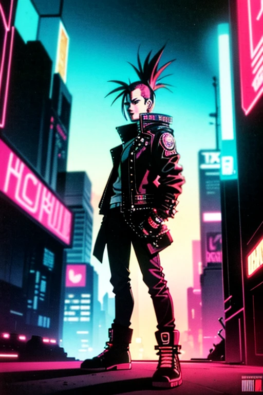 An image of a punk with a mohawk, dressed in a leather jacket with studs, in a futuristic style. The punk is standing against the backdrop of a sci-fi city with neon lights and cyberpunk elements. In the top right corner, the image features a bright, striking inscription 'НАУЧПАНК' in Russian, styled in cyberpunk with neon colors.