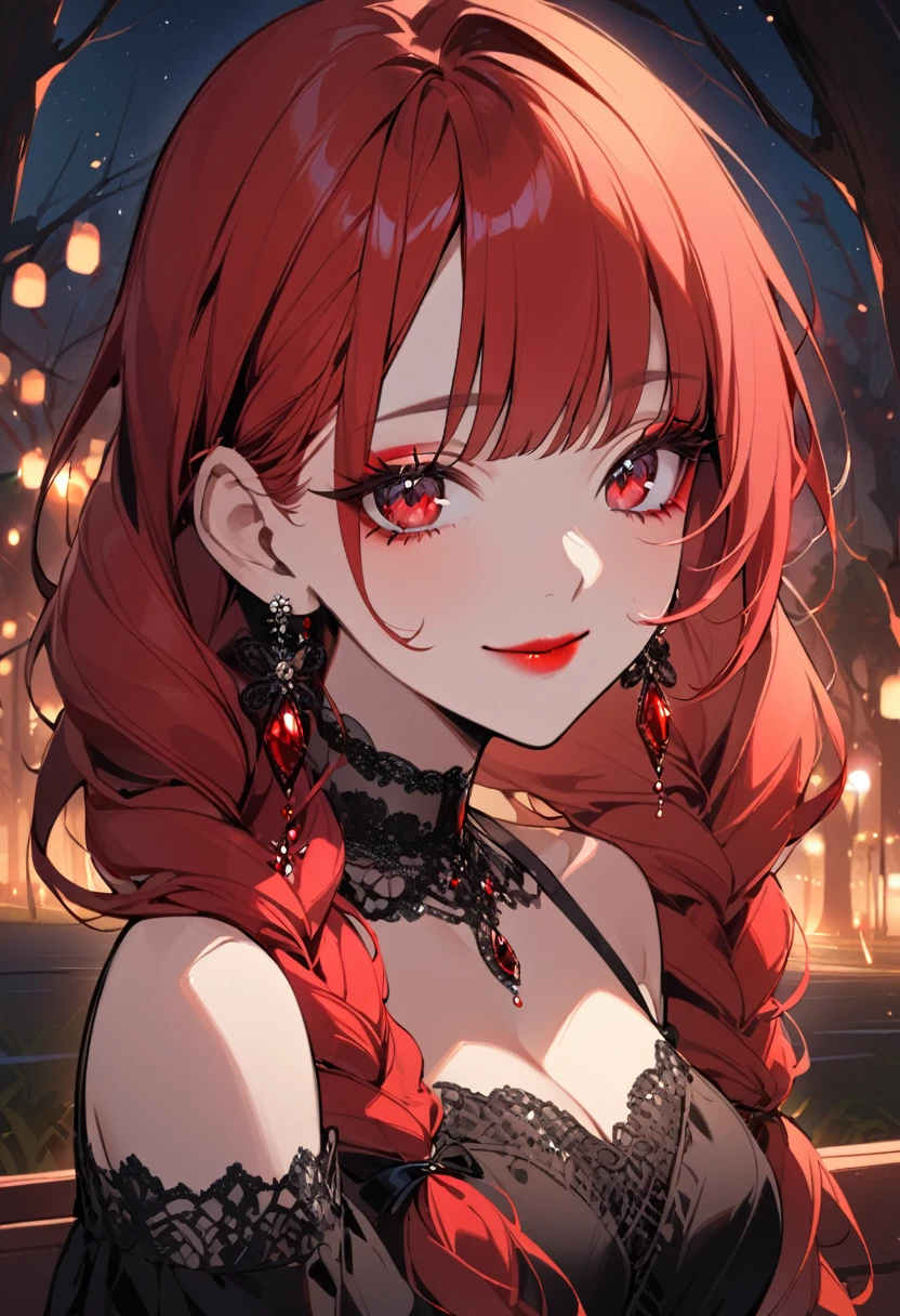 1girl, alone, long hair, looking at viewer, smile, bangs, red eyes, jewelry, closed mouth, braid, red hair, earrings, double braids, eyelashes, makeup, lipstick, portrait, red lips, black dress, bare shoulders , cleavage, medium breasts, outdoors at night, several trees,Sitting on the bench,