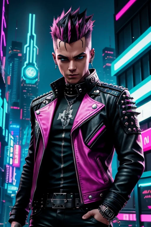 An image of a punk with a mohawk, dressed in a leather jacket with studs, in a futuristic style. The punk is standing against the backdrop of a sci-fi city with neon lights and cyberpunk elements. In the top right corner, the image features a bright, striking inscription 'НАУЧПАНК' in Russian, styled in cyberpunk with neon colors.