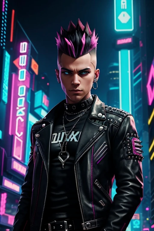 An image of a punk with a mohawk, dressed in a leather jacket with studs, in a futuristic style. The punk is standing against the backdrop of a sci-fi city with neon lights and cyberpunk elements. In the top right corner, the image features a bright, striking inscription 'НАУЧПАНК' in Russian, styled in cyberpunk with neon colors.