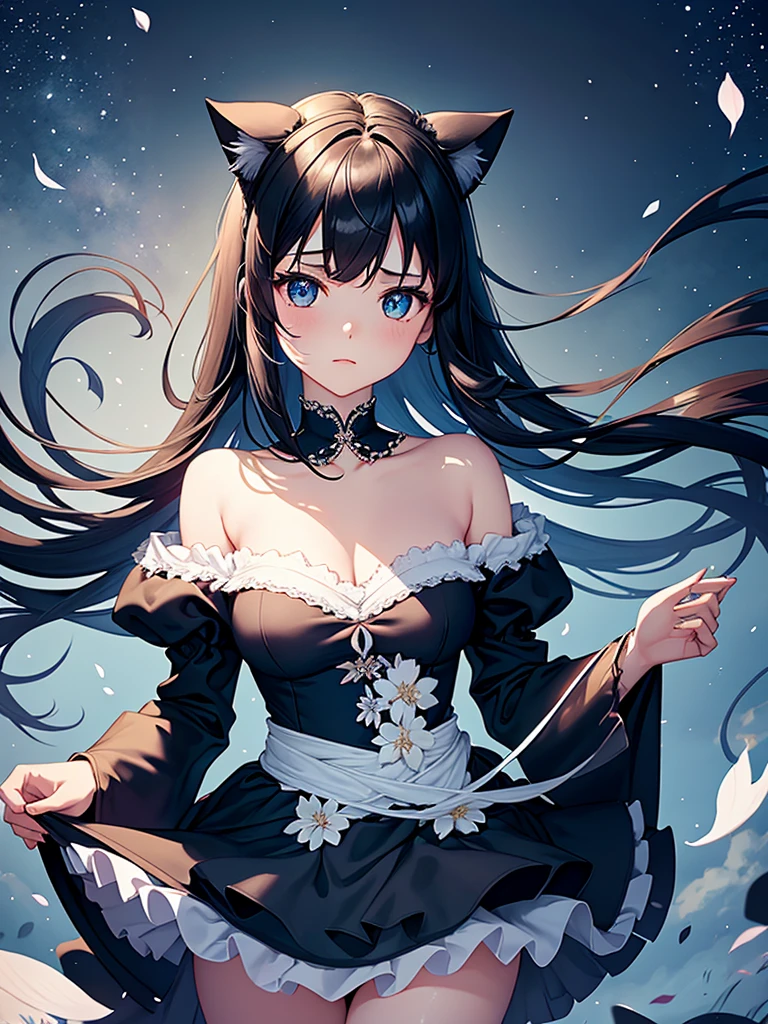 A delicate, graceful young woman with long, flowing, straight black hair and cat ears. She wears an intricately patterned blue mini-skirt dress with off-the-shoulder sleeves and a fitted bodice. The background is a dreamy night sky with petals floating in the air, a fantastic and ethereal atmosphere. Her expression is gentle, enchanting, and slightly fantastical, and the angle is from below.