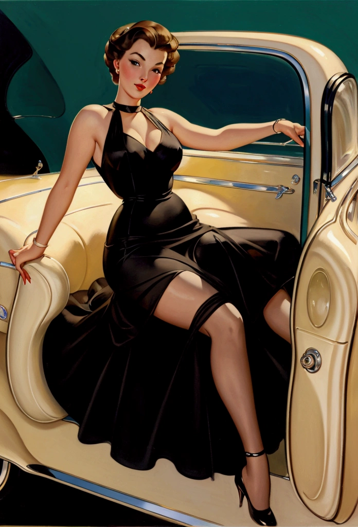 An elegant lady from the 50s, elegantly dressed, leaning back in a period sedan. Vintage. Style by Alberto Vargas, oil painting, work of art.