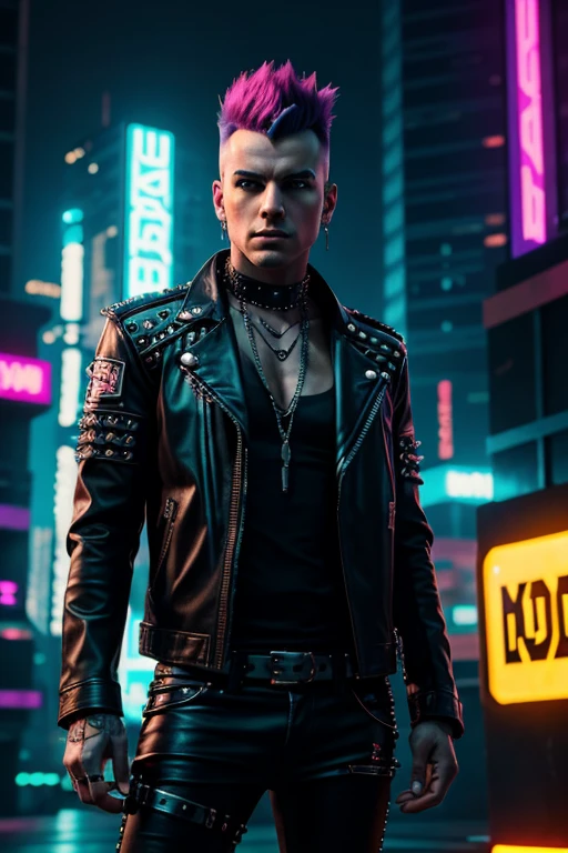 An image of a punk with a mohawk, dressed in a leather jacket with studs, in a futuristic style. The punk is standing against the backdrop of a sci-fi city with neon lights and cyberpunk elements. In the top right corner, the image features a bright, striking inscription 'НАУЧПАНК' in Russian, styled in cyberpunk with neon colors.