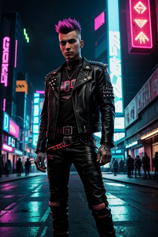 An image of a punk with a mohawk, dressed in a leather jacket with studs, in a futuristic style. The punk is standing against the backdrop of a sci-fi city with neon lights and cyberpunk elements. In the top right corner, the image features a bright, striking inscription 'НАУЧПАНК' in Russian, styled in cyberpunk with neon colors.