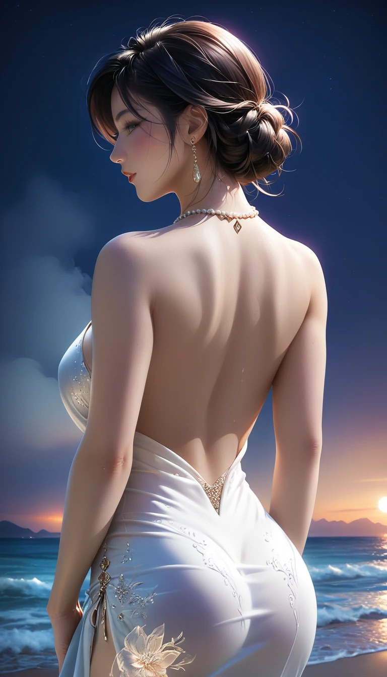 score_9, score_8_superior, score_7_superior, Masterpieces with up to 16K resolution,Highest quality,it is really amazing,Very detailed,Ultra-high resolution,(Ultra-realistic:1.1),(Realistic:1.1),Increased depth of field,Cinematic lighting,
Elegant Japanese MILF,
Long black hair,Ultra-detailed and beautiful faces,Translucent white skin,Very detailedな肌,
(Elegant resort dresses:1.1),
Bold design,Artistic design,Beautiful and detailed pattern,Detailed fabric texture,
Gorgeous necklace,Earrings,
(Bali Beach:1.1),(Dark beach at night:1.1),(Deserted beach:1.1),(A pitch black night sky with dark clouds:1.1),
(Beautiful back view:1.1),