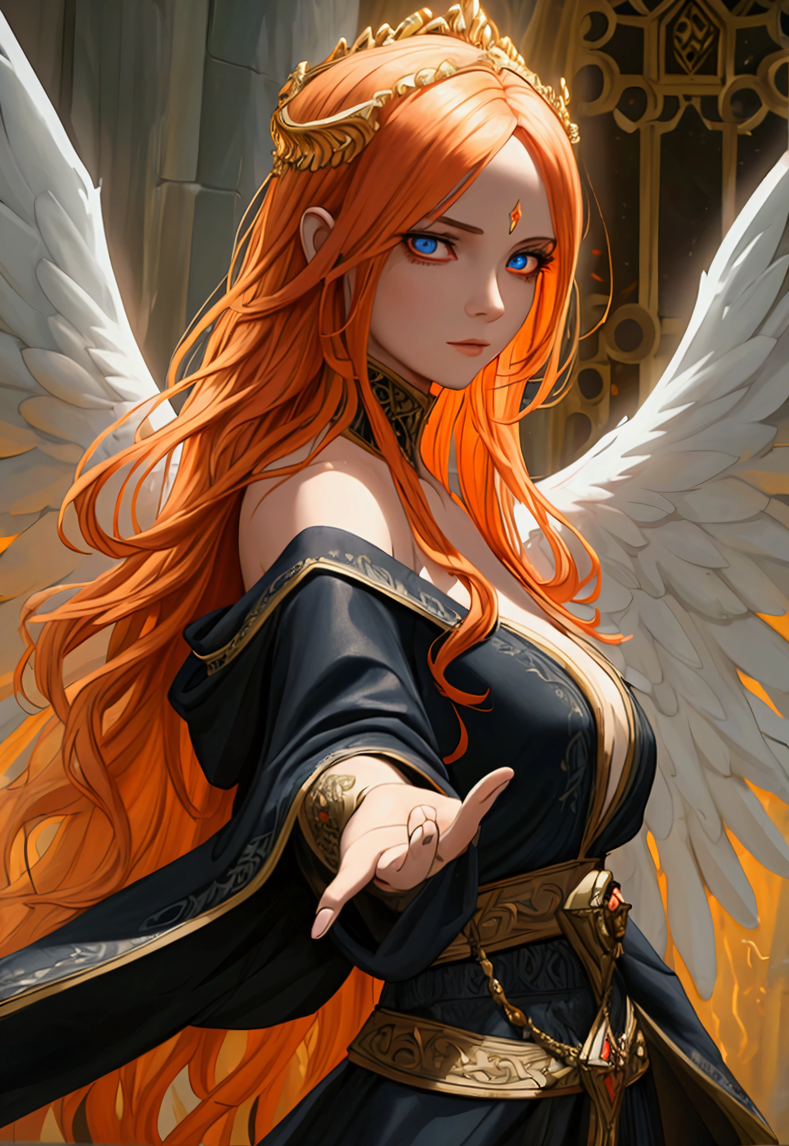 arafed high details, best quality, 16k, (ultra detailed: 1.5), masterpiece, best quality, (extremely detailed), dynamic angle, ultra wide shot, photorealistim, RAW, fantasy art, dnd art, fantasy art, realistic art, a wide angle picture of a female aasimar sorceress casting a fire spell, full body  (intense details, Masterpiece, best quality), D&D aasimar, exremley beautiful female aasimar, orange hair, long hair, wavy hair, dynamic eyes color, angelic eyes, radiant magical eyes, ultra detailed face (intense details, Masterpiece, best quality), spread angelic wings, white angelic wings (intense details, Masterpiece, best quality),  wearing [black] robe, wearing blue cloak, long cloak, flowing cloak with fire motifs (intense details, Masterpiece, best quality), armed with magical staff (intense details, Masterpiece, best quality), manipulating fire magical energy (intense details, Masterpiece, best quality), controlling lightning, dark fantasy magical tower background, evil temple background (intense details, Masterpiece, best quality)
